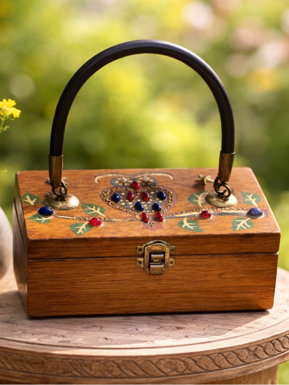 Wooden Embellished Handbag with Black Handle, Owl Pic , Mirror and Print Inside